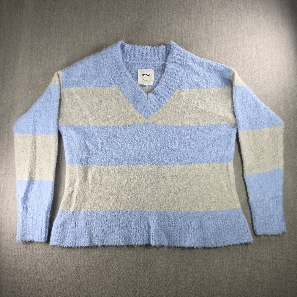 Aerie‎ Sweater Women Medium Blue Cream Striped Boucle V-Neck Fuzzy Knit 5869-23